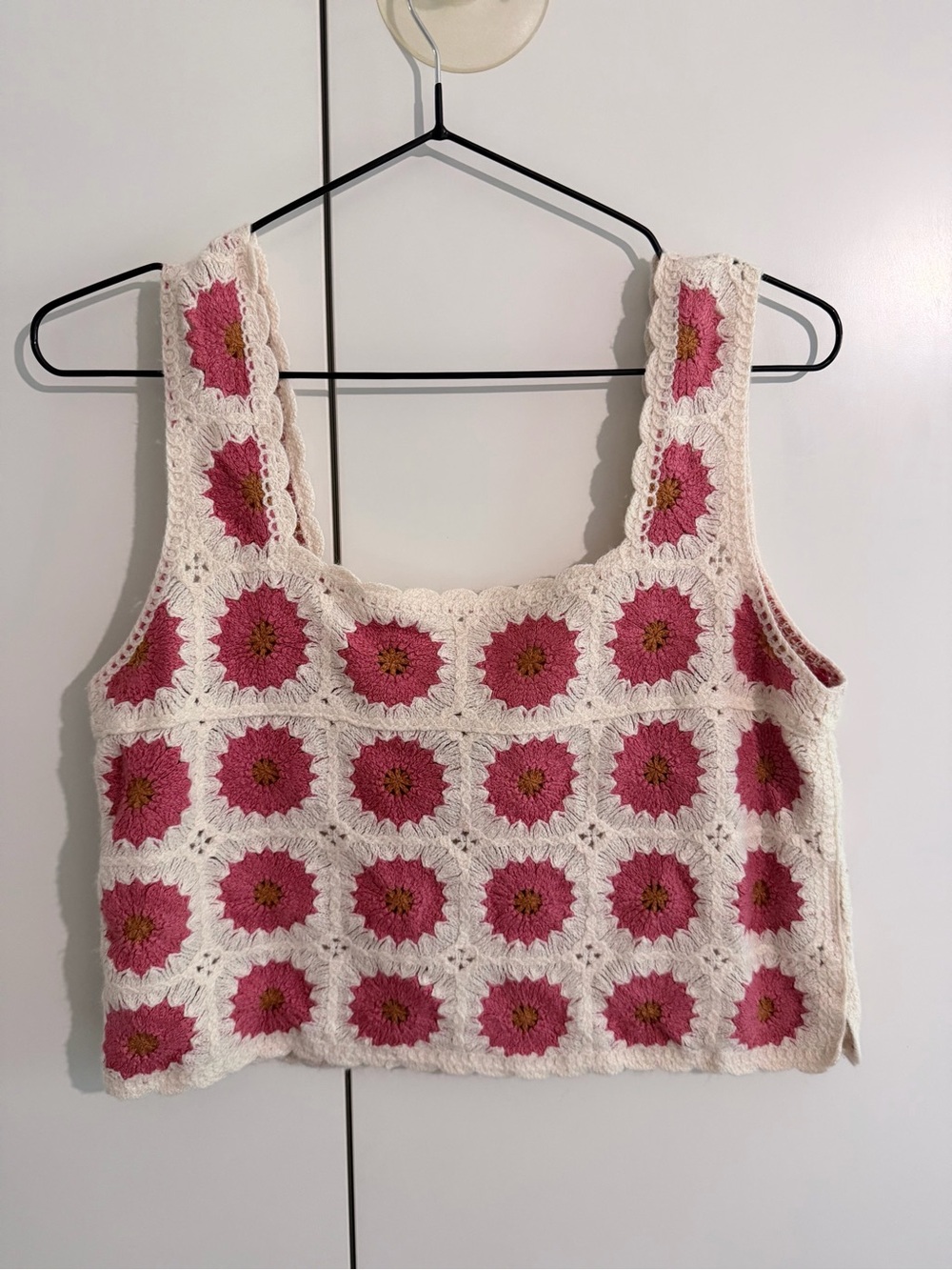 Crochet Floral Square Crop Top in Cream and Pink